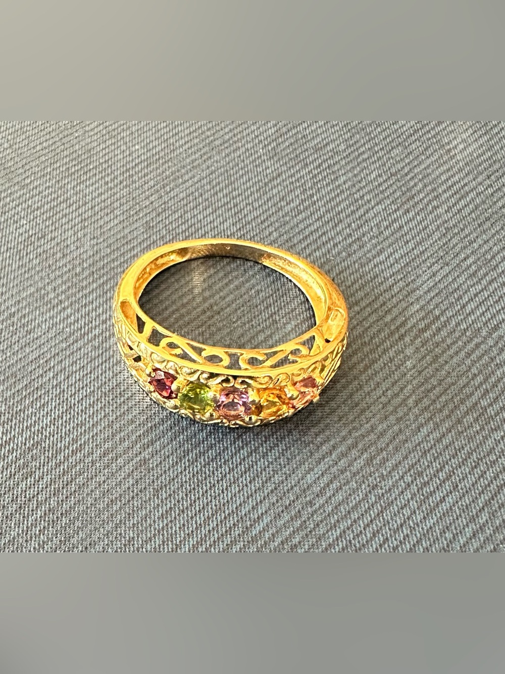 STS 14K Gold Multi Gemstone Filigree Scroll Band Ring Sz 10 (3.78g)